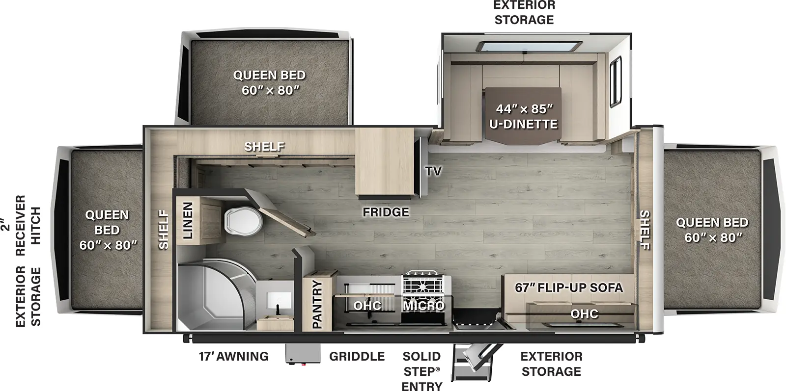 The Rockwood Roo 233S has one entry and one slide out. Exterior features include: fiberglass exterior and 17' awning. 